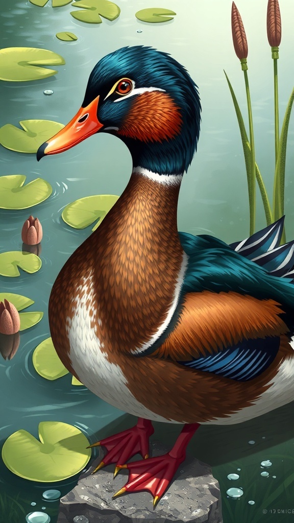 A colorful duck illustration with a pond and lily pads in the background.